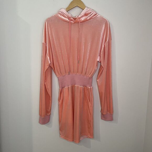 Eros Dresses & Skirts - Eros Velour Barbiecore Sweater Dress Jumpsuit Long Sleeved Hoodie Pink Size XS